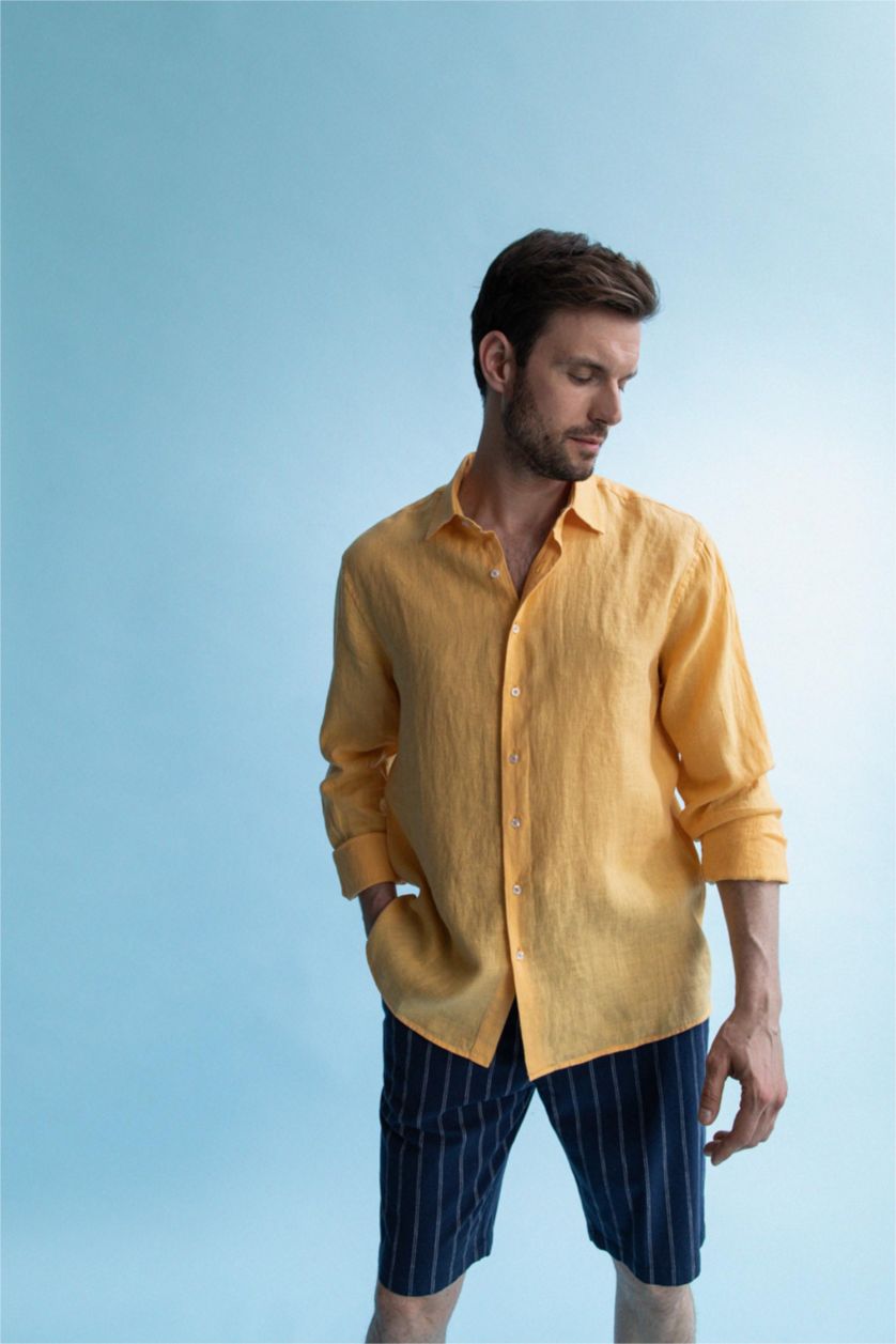 Erkek Sarı Modern Fıt Poplin Uzun Kollu Gömlek