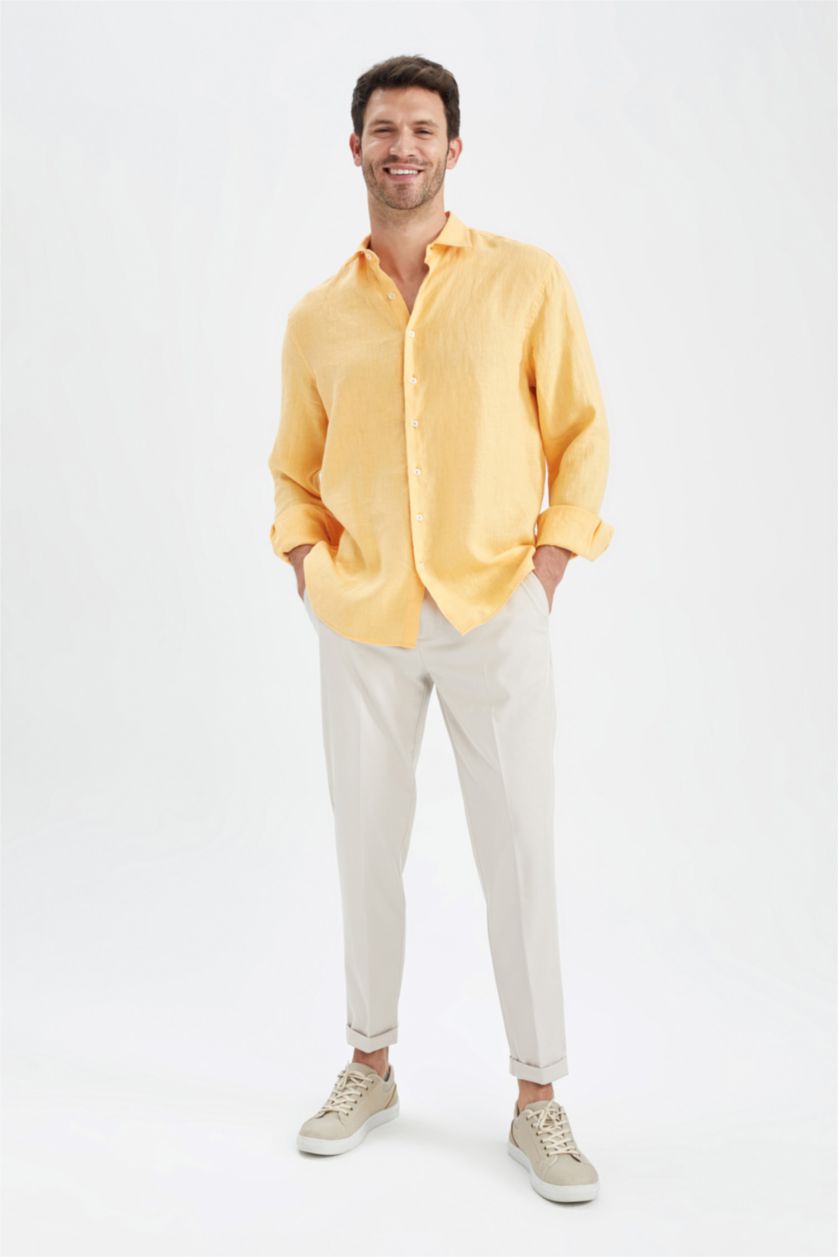 Erkek Sarı Modern Fıt Poplin Uzun Kollu Gömlek