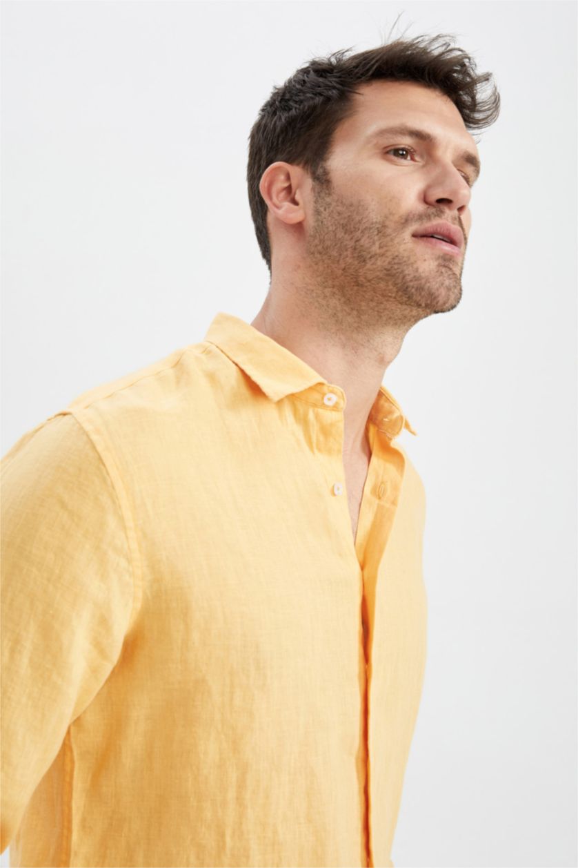 Erkek Sarı Modern Fıt Poplin Uzun Kollu Gömlek