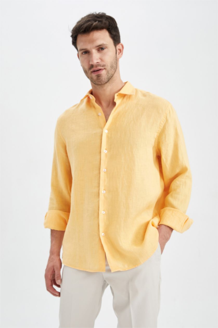 Erkek Sarı Modern Fıt Poplin Uzun Kollu Gömlek