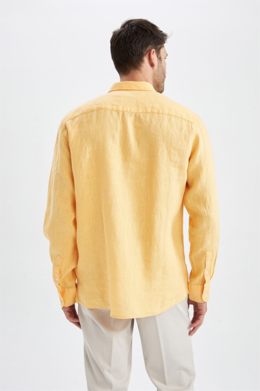 Erkek Sarı Modern Fıt Poplin Uzun Kollu Gömlek