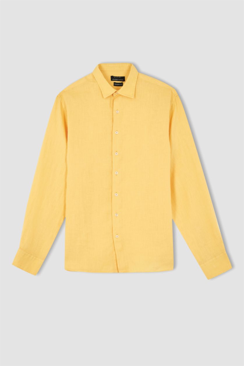 Erkek Sarı Modern Fıt Poplin Uzun Kollu Gömlek