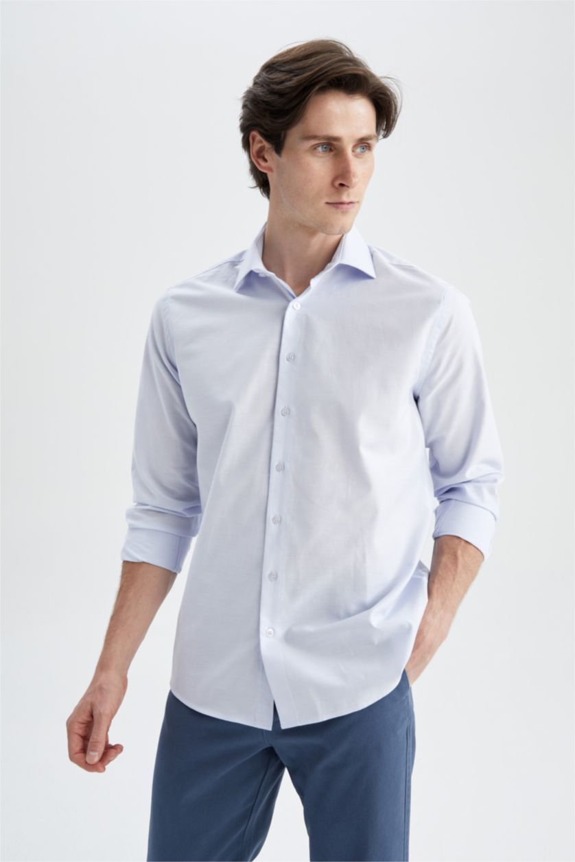 رجالي أزرق فاتح Modern Fit Cotton Long Sleeve Shirt