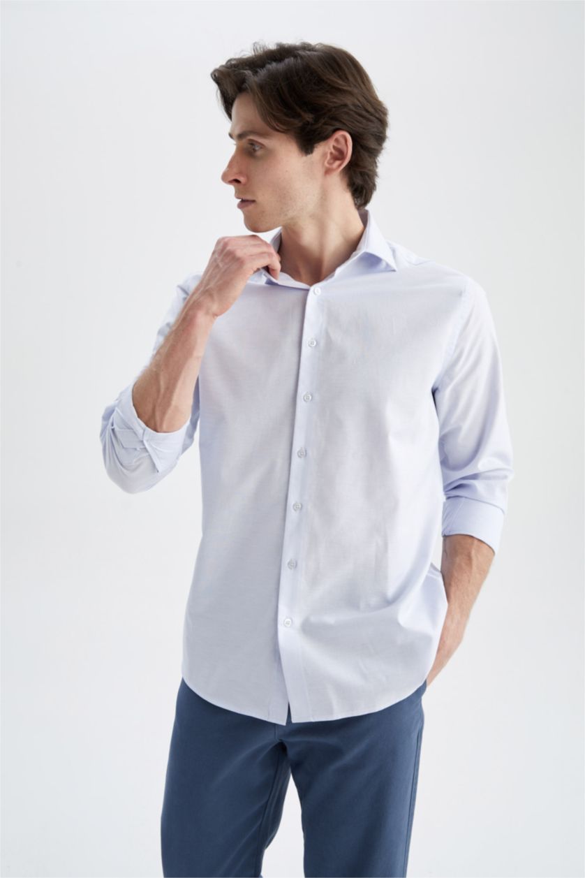رجالي أزرق فاتح Modern Fit Cotton Long Sleeve Shirt