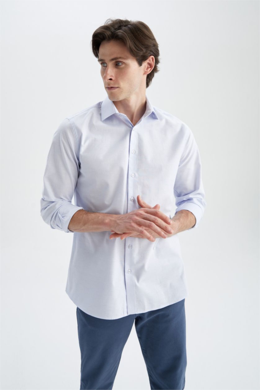 رجالي أزرق فاتح Modern Fit Cotton Long Sleeve Shirt