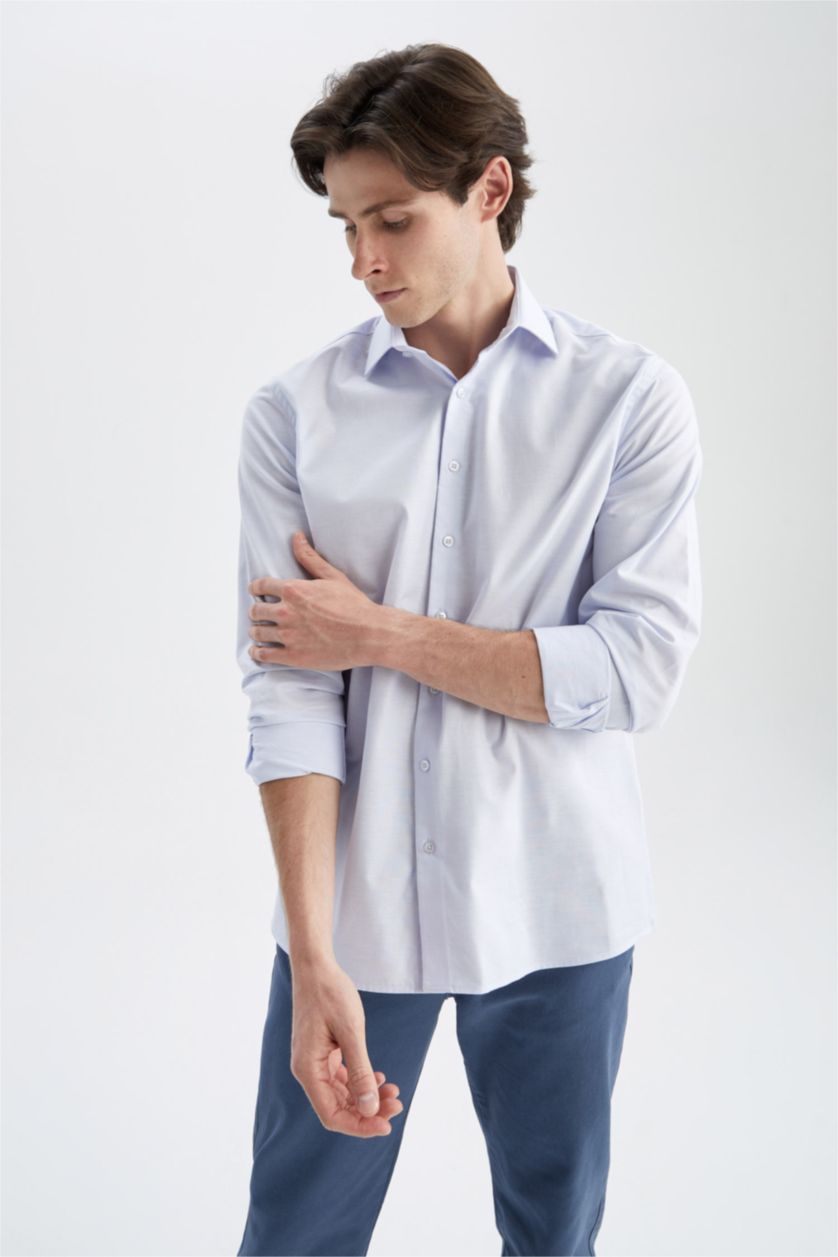 رجالي أزرق فاتح Modern Fit Cotton Long Sleeve Shirt
