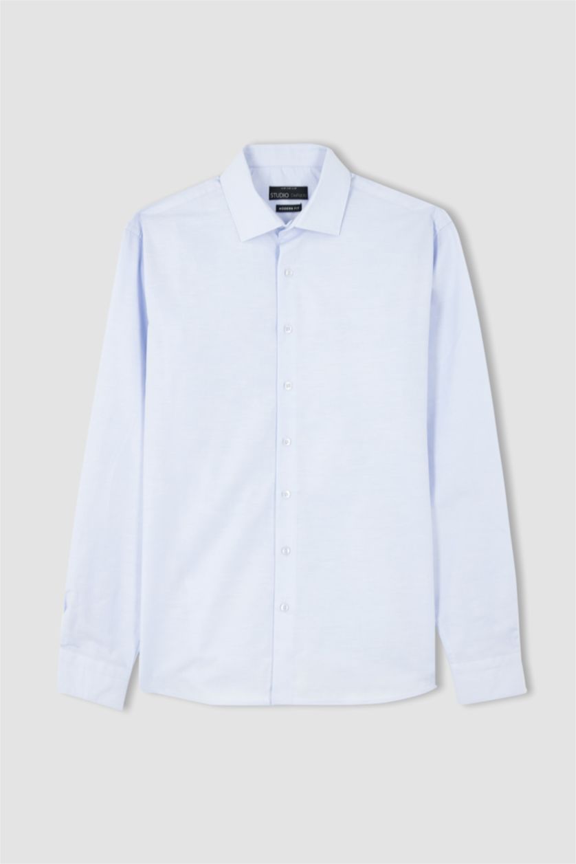 رجالي أزرق فاتح Modern Fit Cotton Long Sleeve Shirt