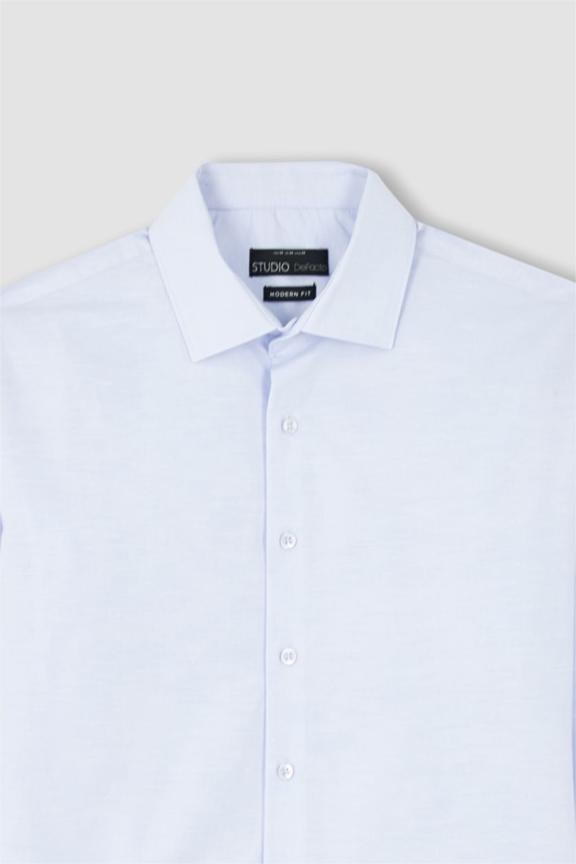 رجالي أزرق فاتح Modern Fit Cotton Long Sleeve Shirt