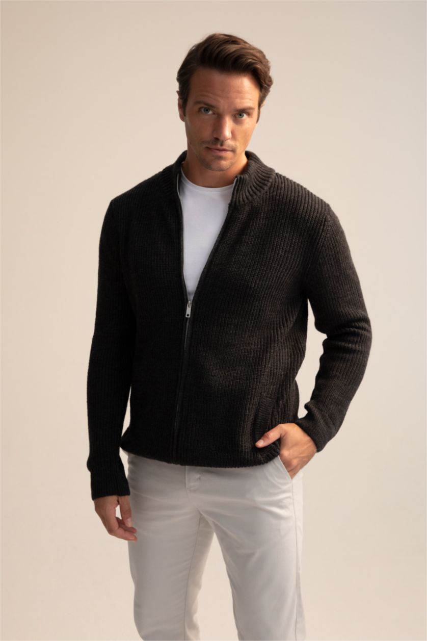 Men Anthracite Regular Fit Knitwear Cardigan