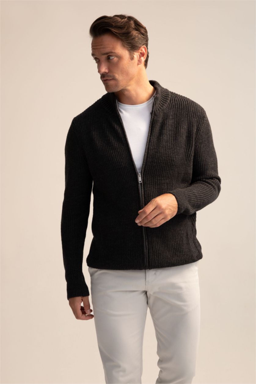 Men Anthracite Regular Fit Knitwear Cardigan