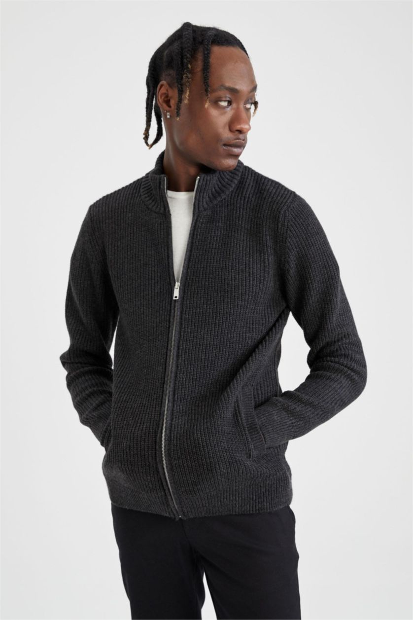 Men Anthracite Regular Fit Knitwear Cardigan