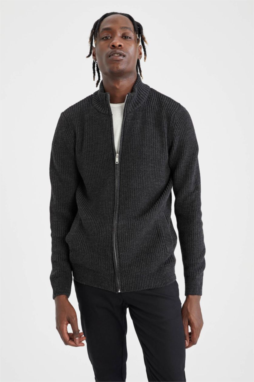 Men Anthracite Regular Fit Knitwear Cardigan