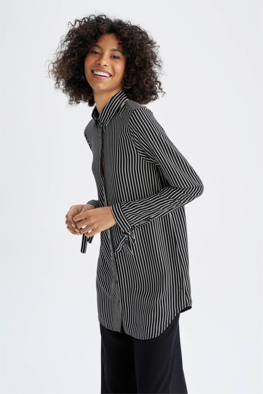 Kadın Siyah Regular Fit Çizgili Viskon Gömlek Tunik