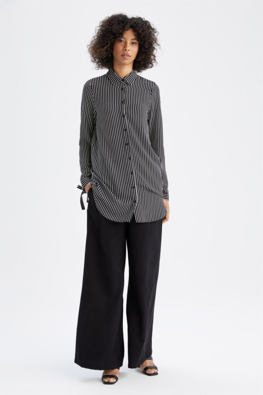 Kadın Siyah Regular Fit Çizgili Viskon Gömlek Tunik