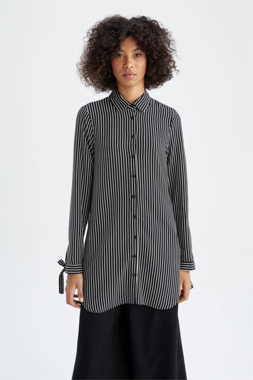 Kadın Siyah Regular Fit Çizgili Viskon Gömlek Tunik