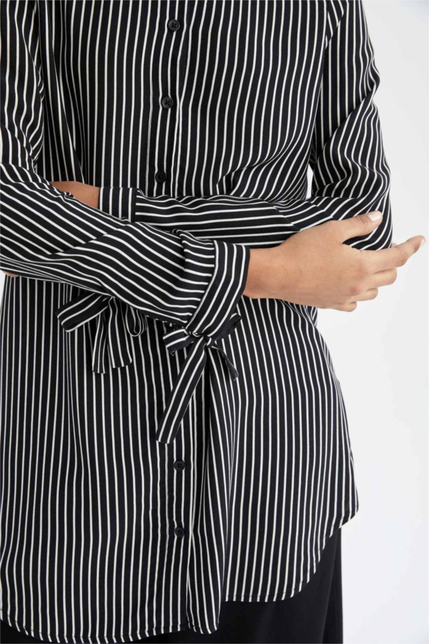 Kadın Siyah Regular Fit Çizgili Viskon Gömlek Tunik
