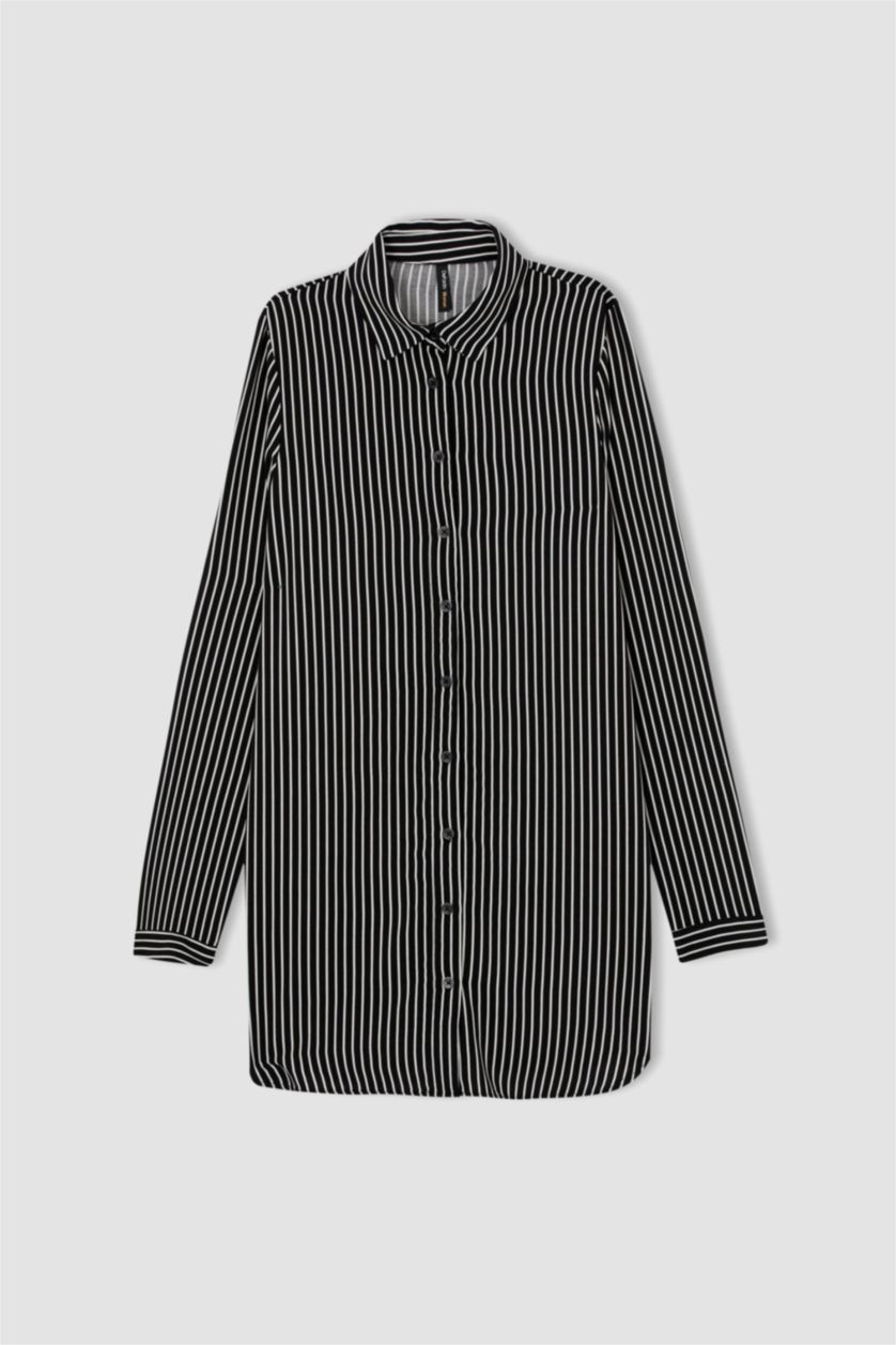 Kadın Siyah Regular Fit Çizgili Viskon Gömlek Tunik