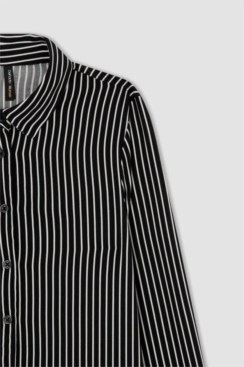 Kadın Siyah Regular Fit Çizgili Viskon Gömlek Tunik