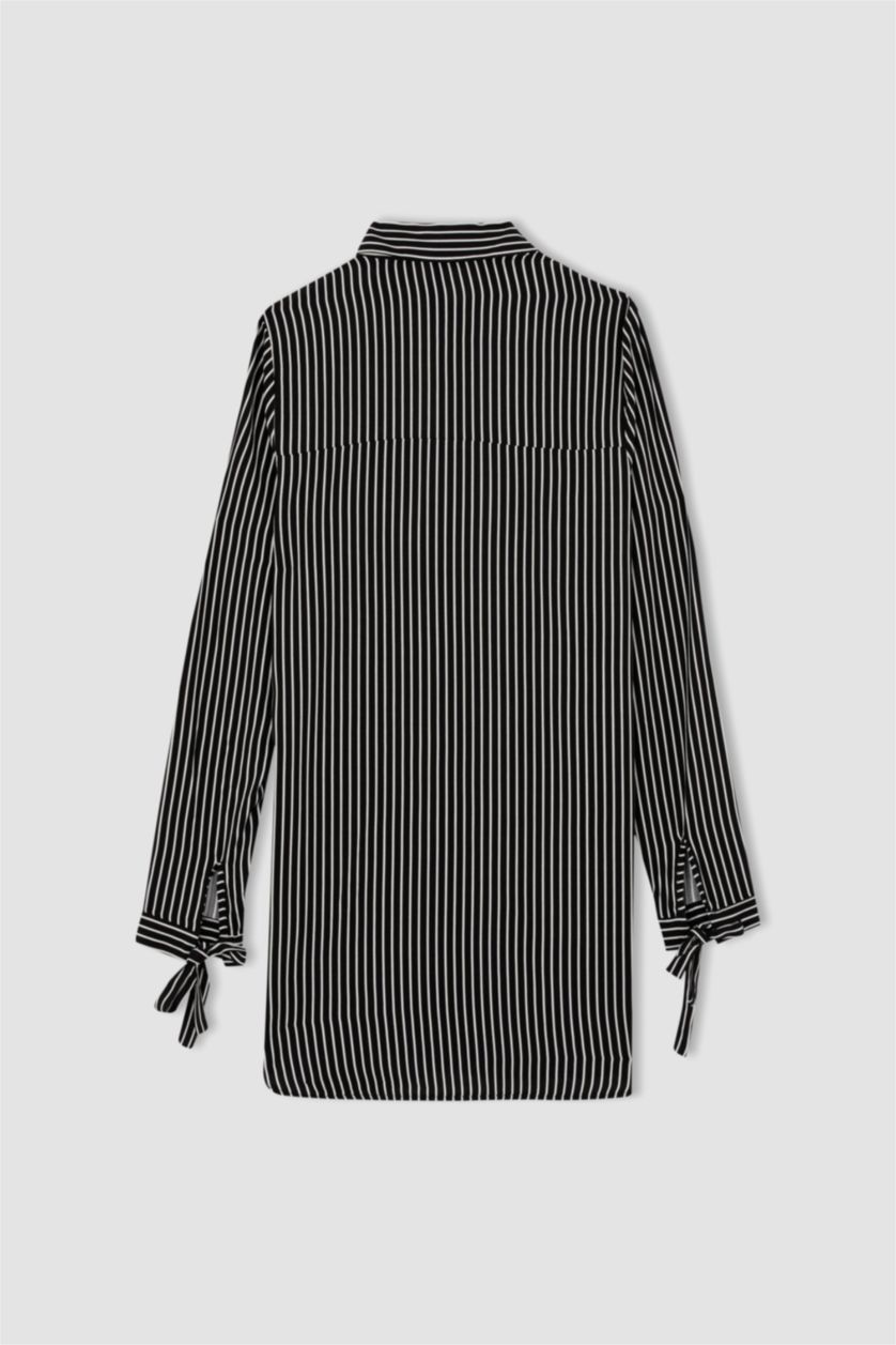 Kadın Siyah Regular Fit Çizgili Viskon Gömlek Tunik