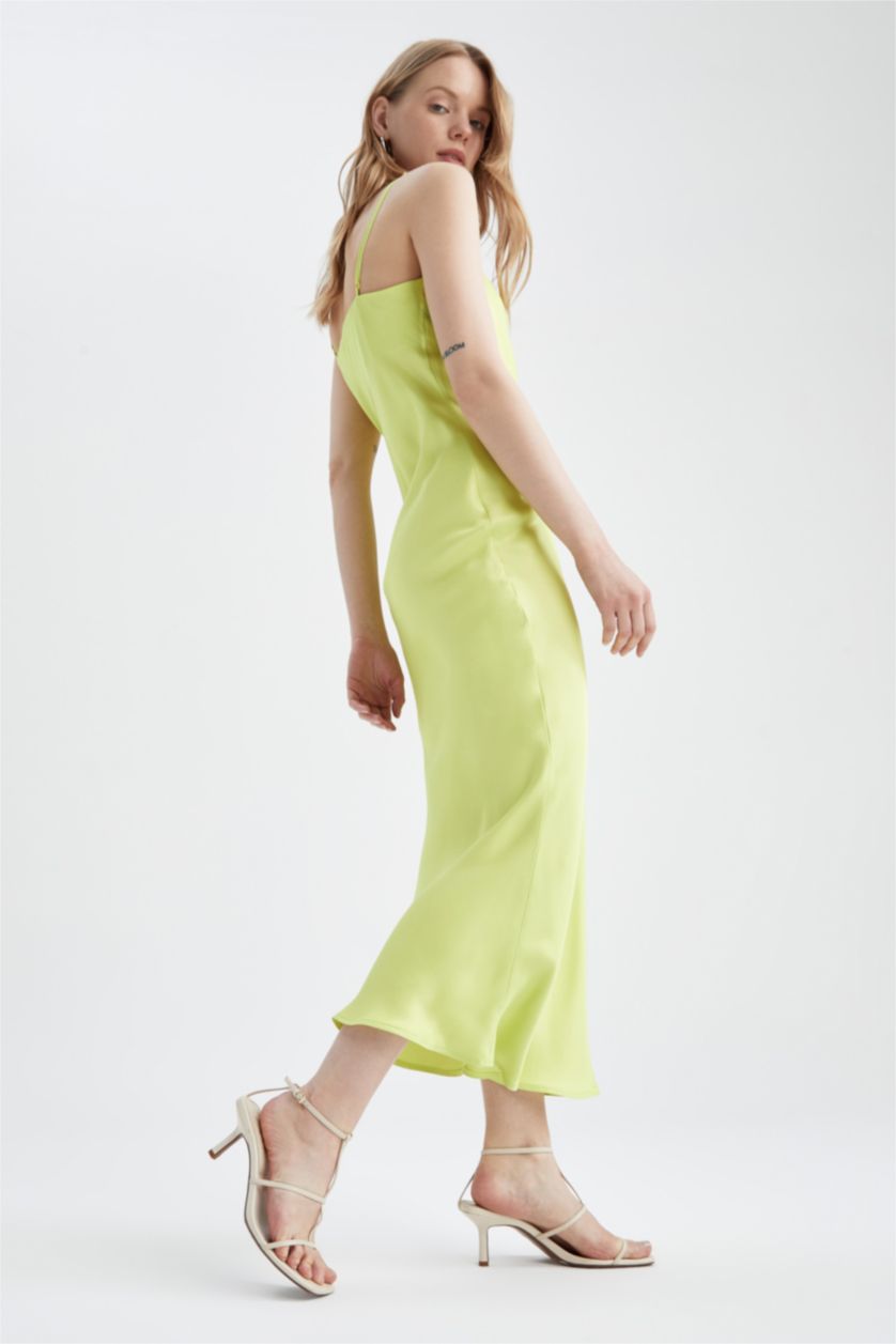 نساء Sarı فستان سهرة طويل ساتان بحمالات بياقة V بقصة مستقيمة