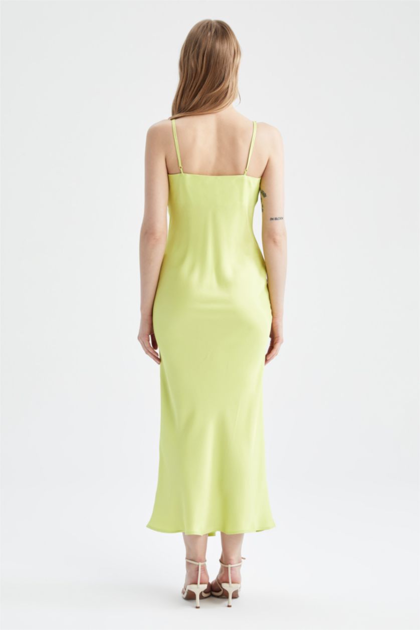 نساء Sarı فستان سهرة طويل ساتان بحمالات بياقة V بقصة مستقيمة