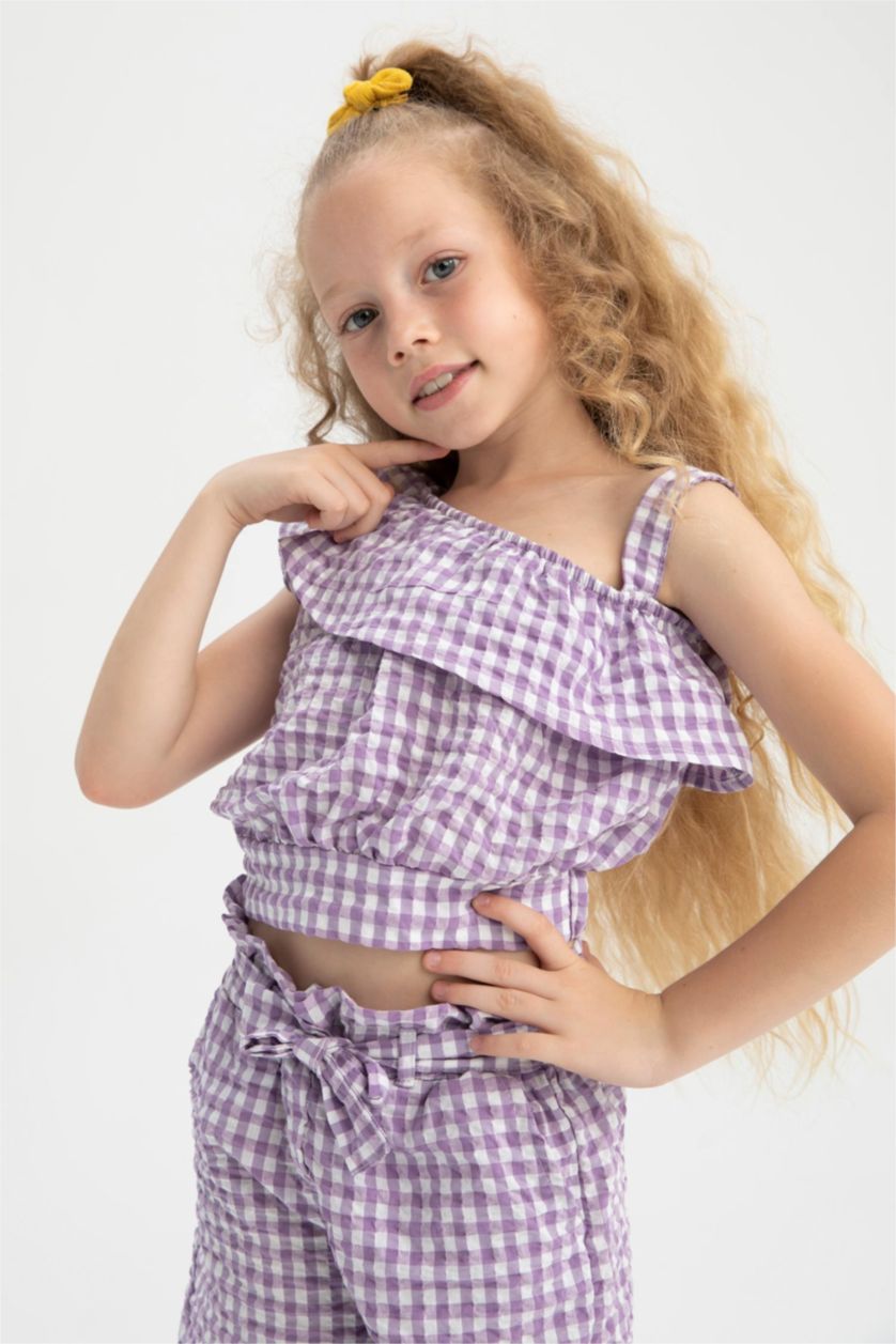 FILLES Violet Chemisier à bretelles en tissu froissé manches courtes pour fille