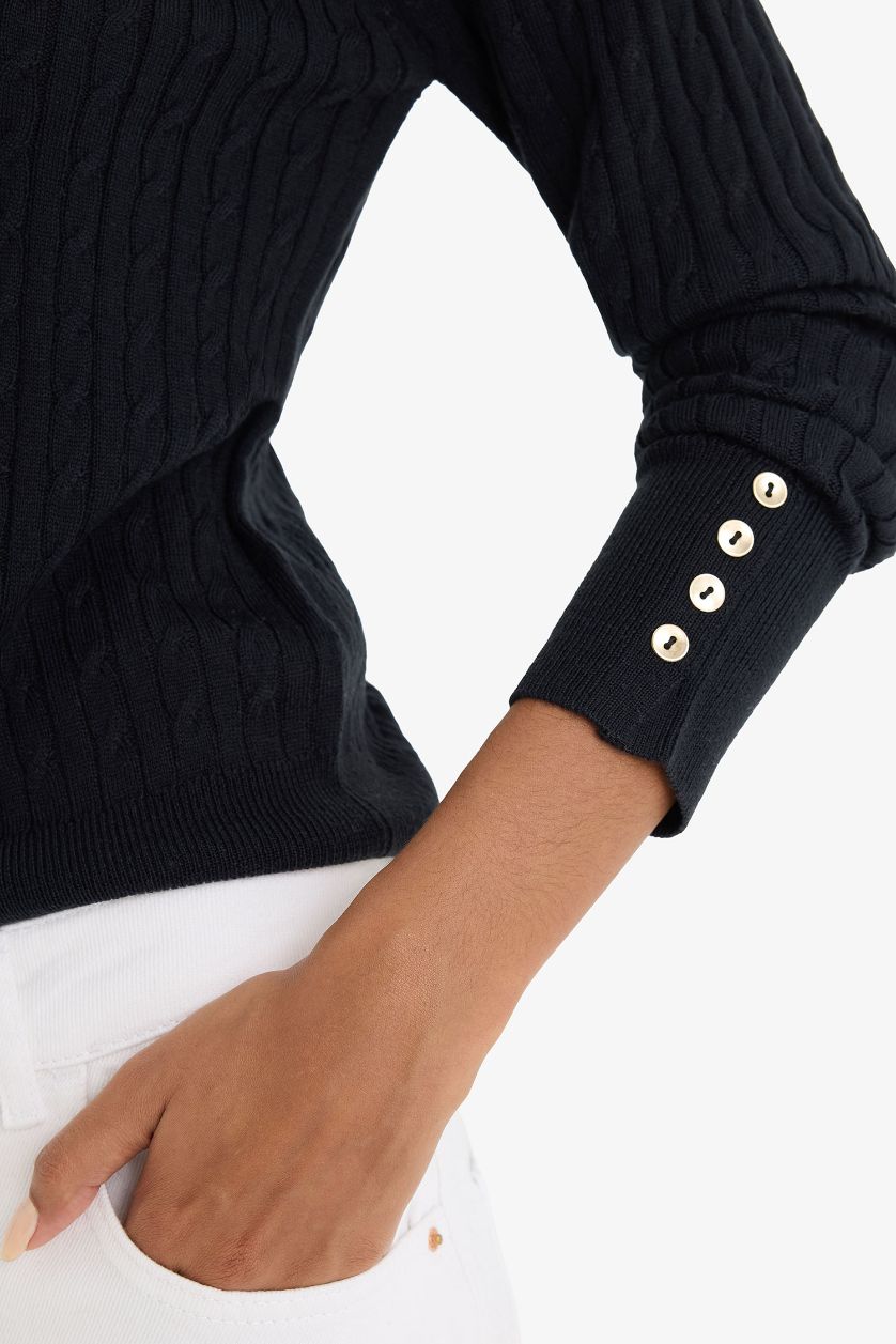 Woman Black Regular Fit Crew Neck Knitted Buttoned Black Knitted Pullover