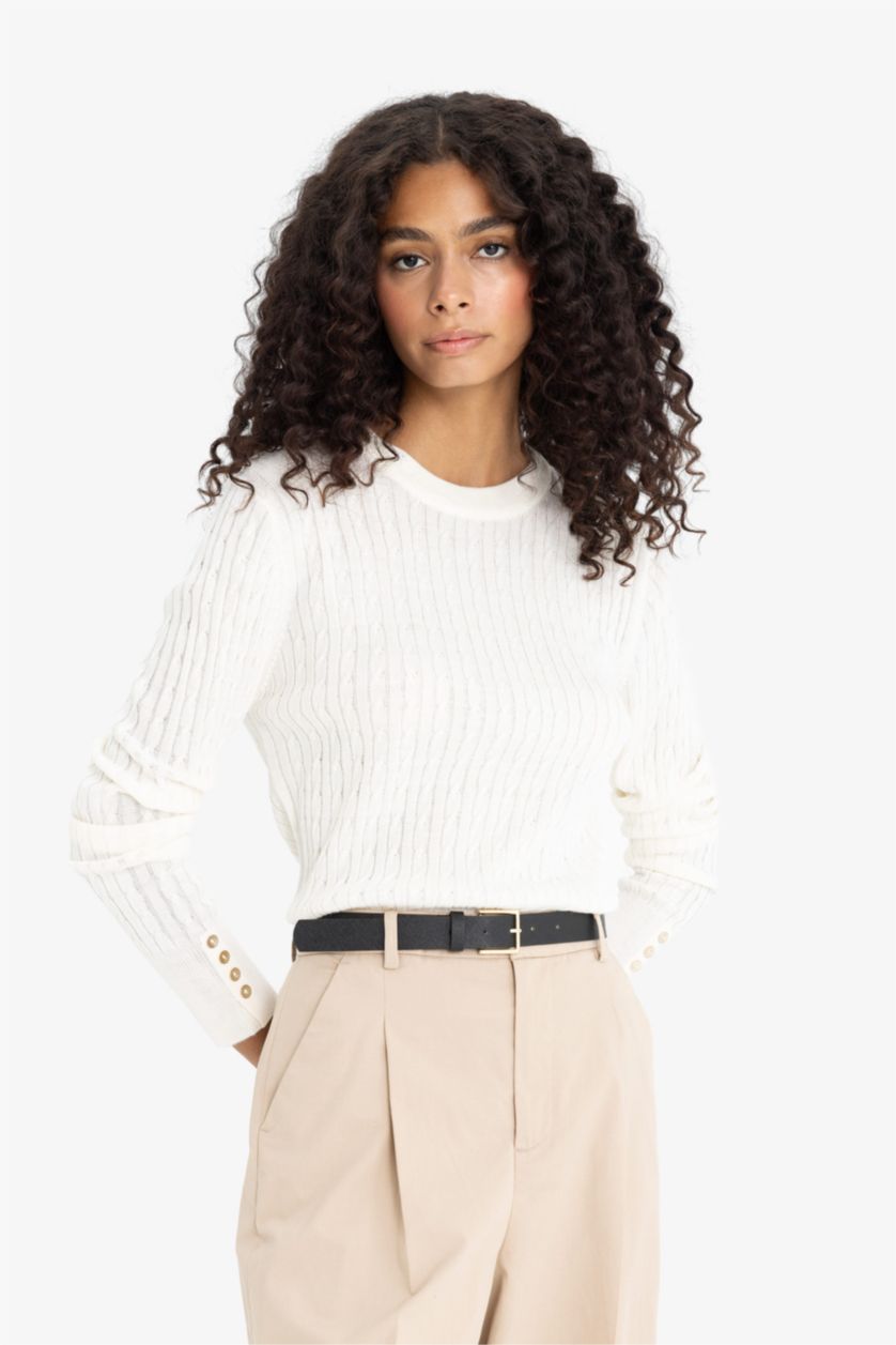 Женщины Бежевый Regular Fit трикотажный свитер с круглым вырезом