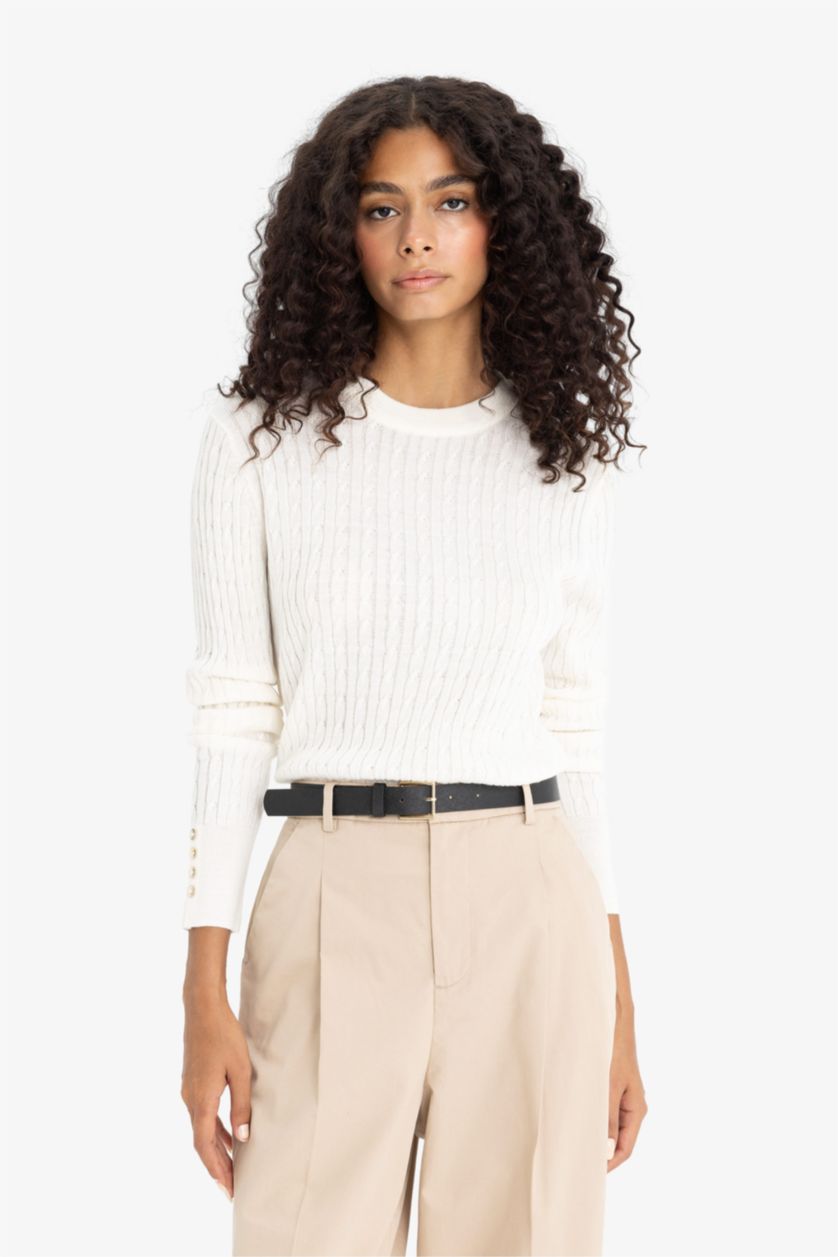 Женщины Бежевый Regular Fit трикотажный свитер с круглым вырезом