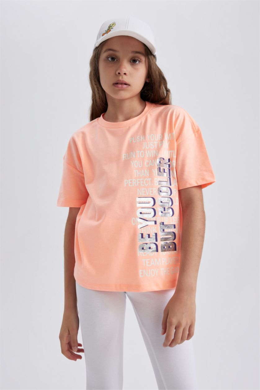 GIRLS & TEENS Neon Orange Girl Regular Fit Short Sleeve Side Slogan Print T-Shirt