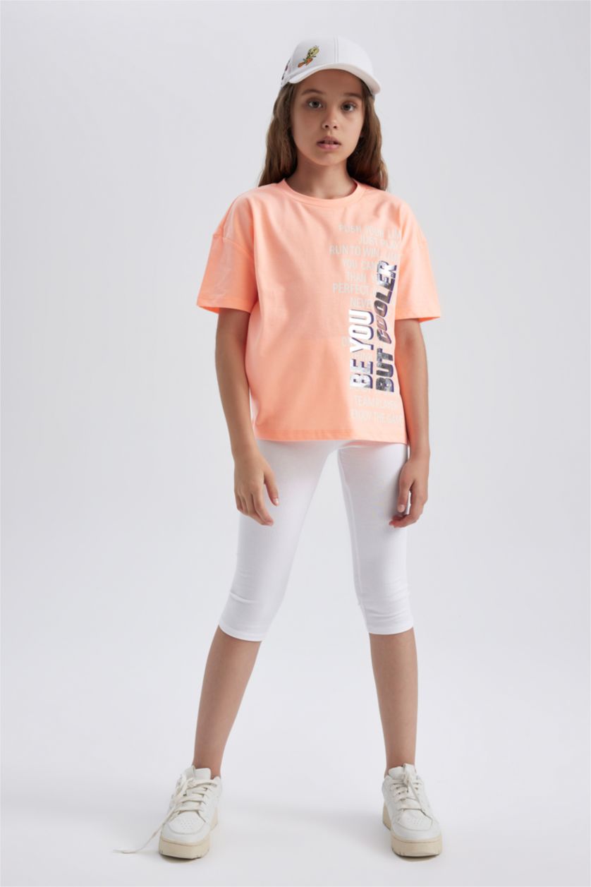 GIRLS & TEENS Neon Orange Girl Regular Fit Short Sleeve Side Slogan Print T-Shirt