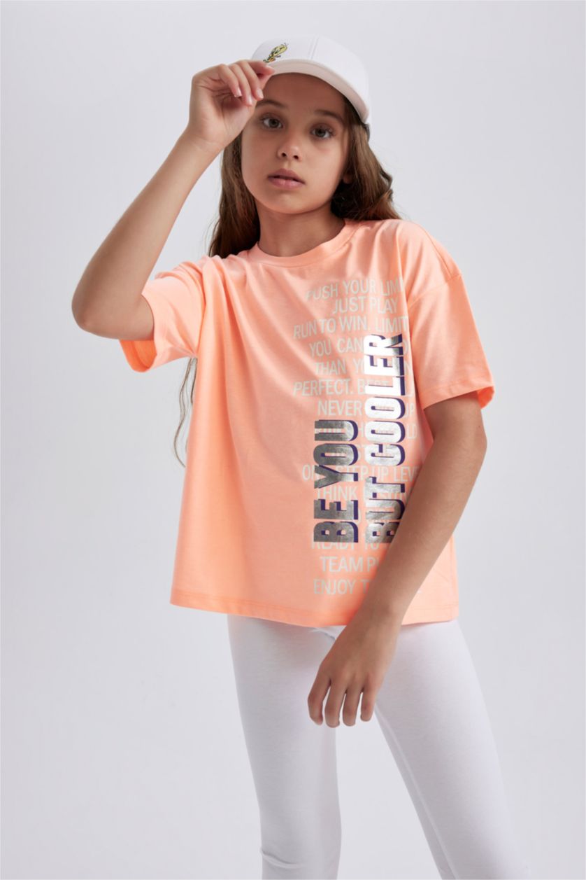 GIRLS & TEENS Neon Orange Girl Regular Fit Short Sleeve Side Slogan Print T-Shirt