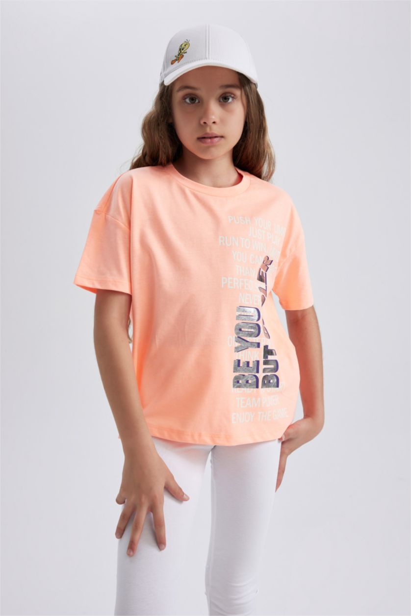 GIRLS & TEENS Neon Orange Girl Regular Fit Short Sleeve Side Slogan Print T-Shirt