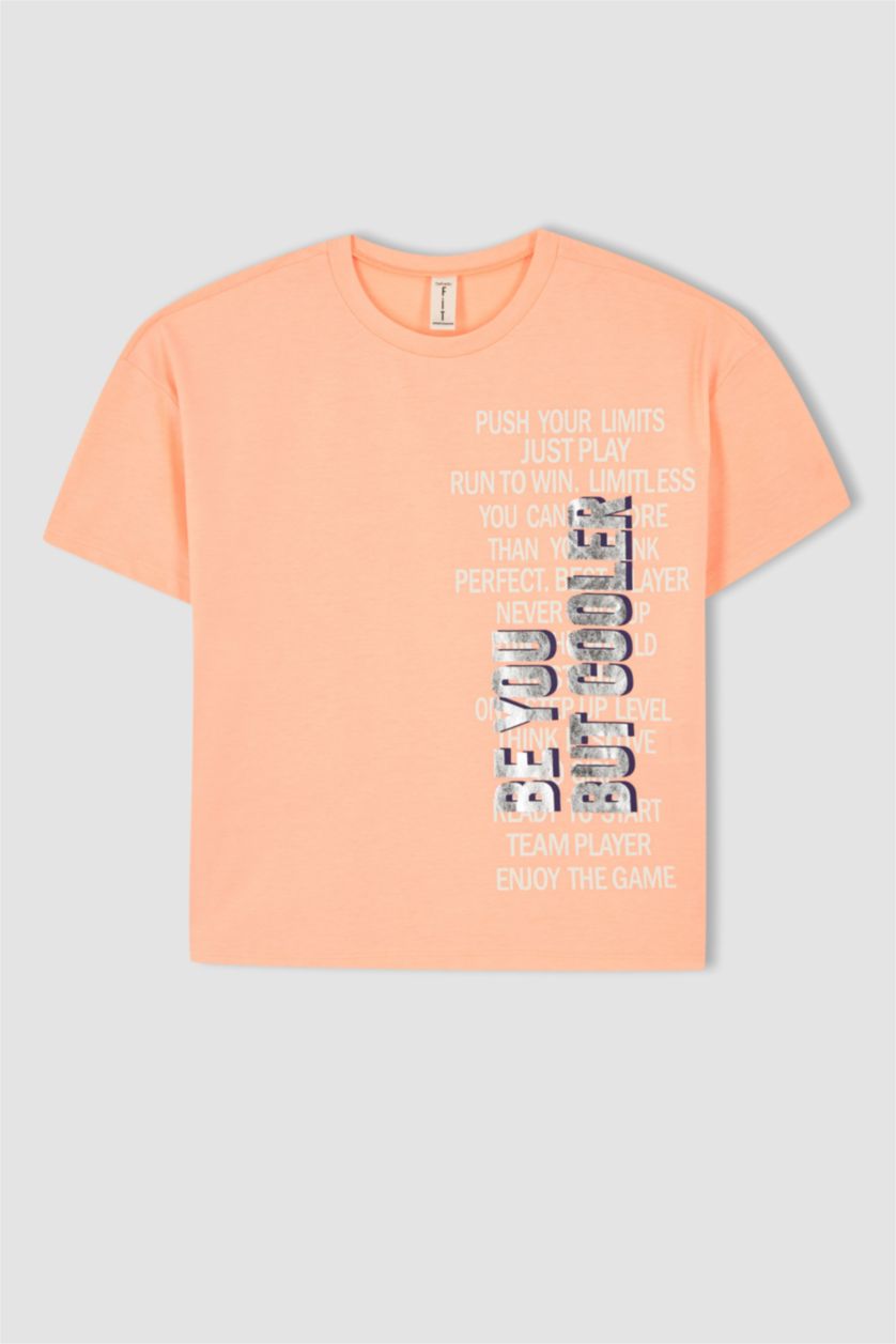 GIRLS & TEENS Neon Orange Girl Regular Fit Short Sleeve Side Slogan Print T-Shirt