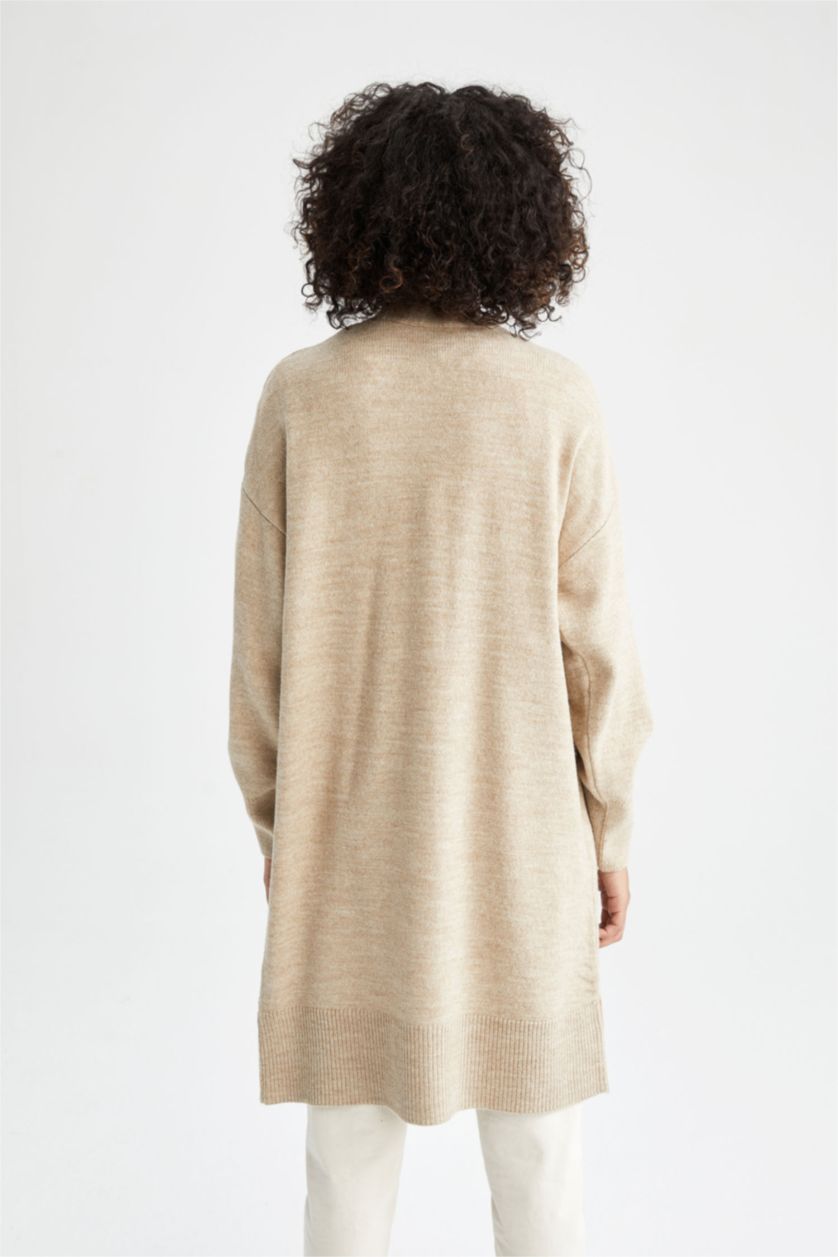 FEMME Beige Cardigan mi-long en maille à col en V et poche à coupe régulière
