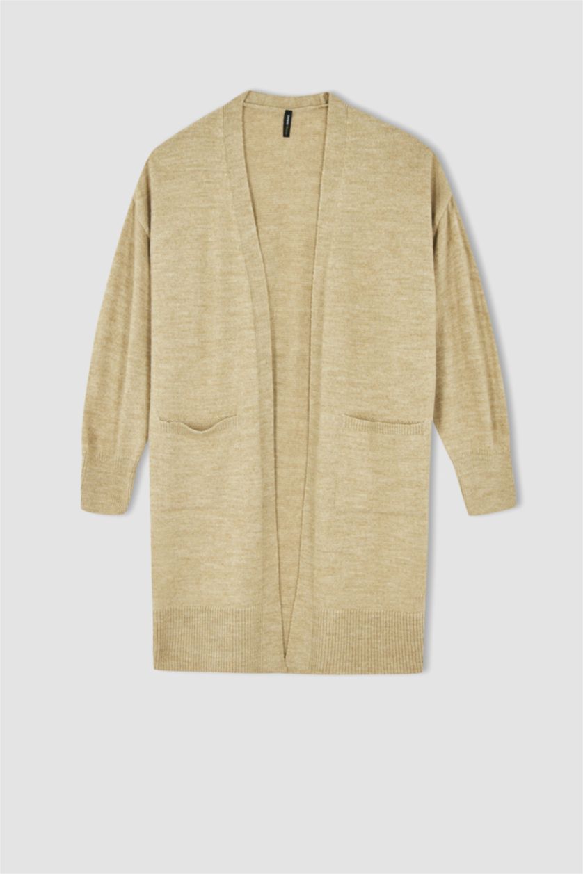FEMME Beige Cardigan mi-long en maille à col en V et poche à coupe régulière