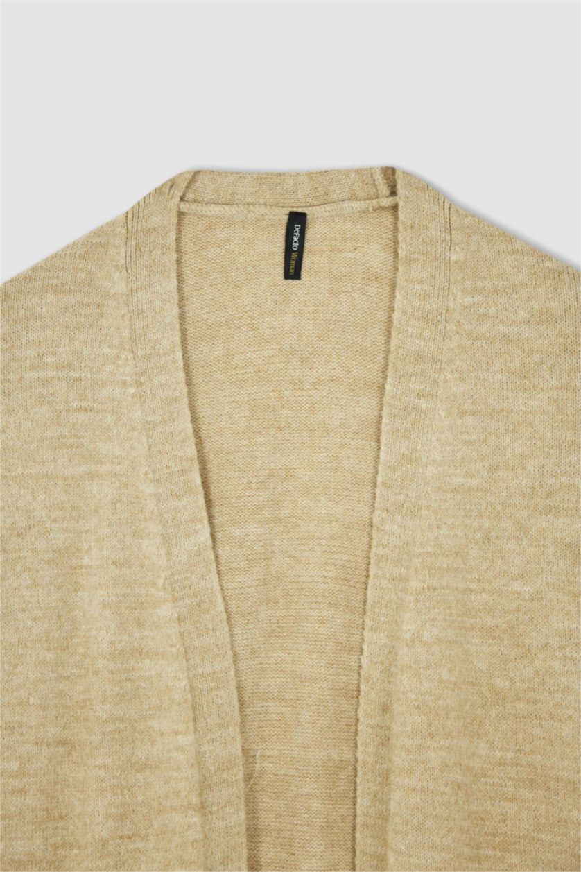 FEMME Beige Cardigan mi-long en maille à col en V et poche à coupe régulière