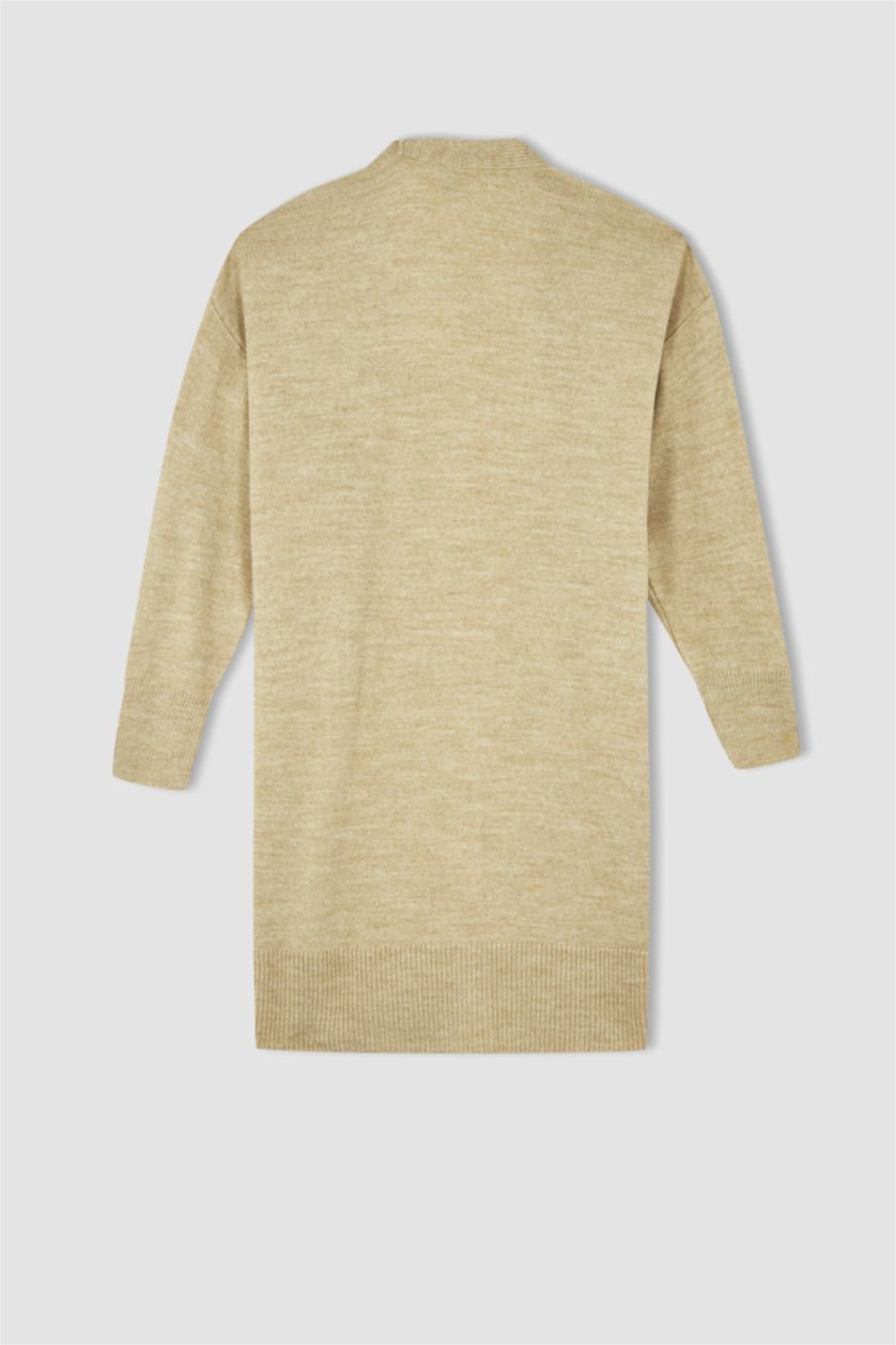 FEMME Beige Cardigan mi-long en maille à col en V et poche à coupe régulière