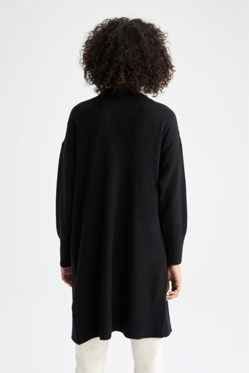 FEMME Noir Cardigan mi-long en maille à col en V et poche à coupe régulière