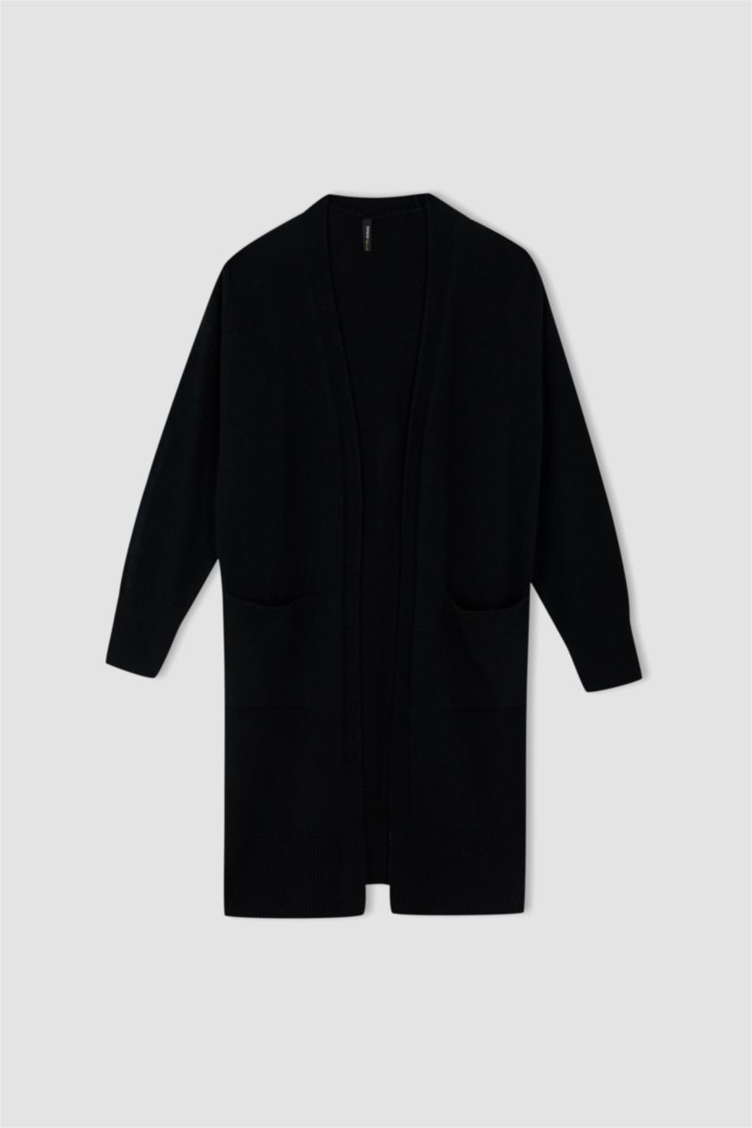 FEMME Noir Cardigan mi-long en maille à col en V et poche à coupe régulière