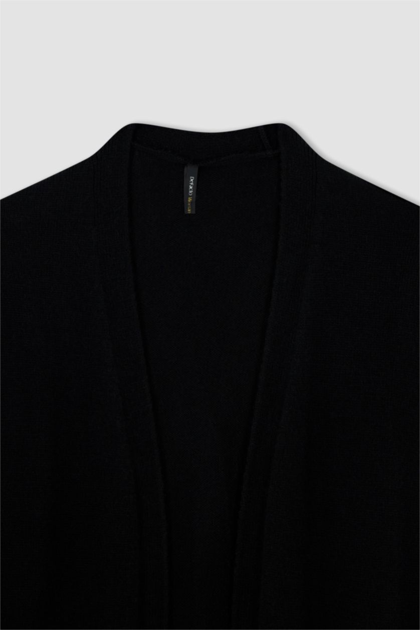 FEMME Noir Cardigan mi-long en maille à col en V et poche à coupe régulière
