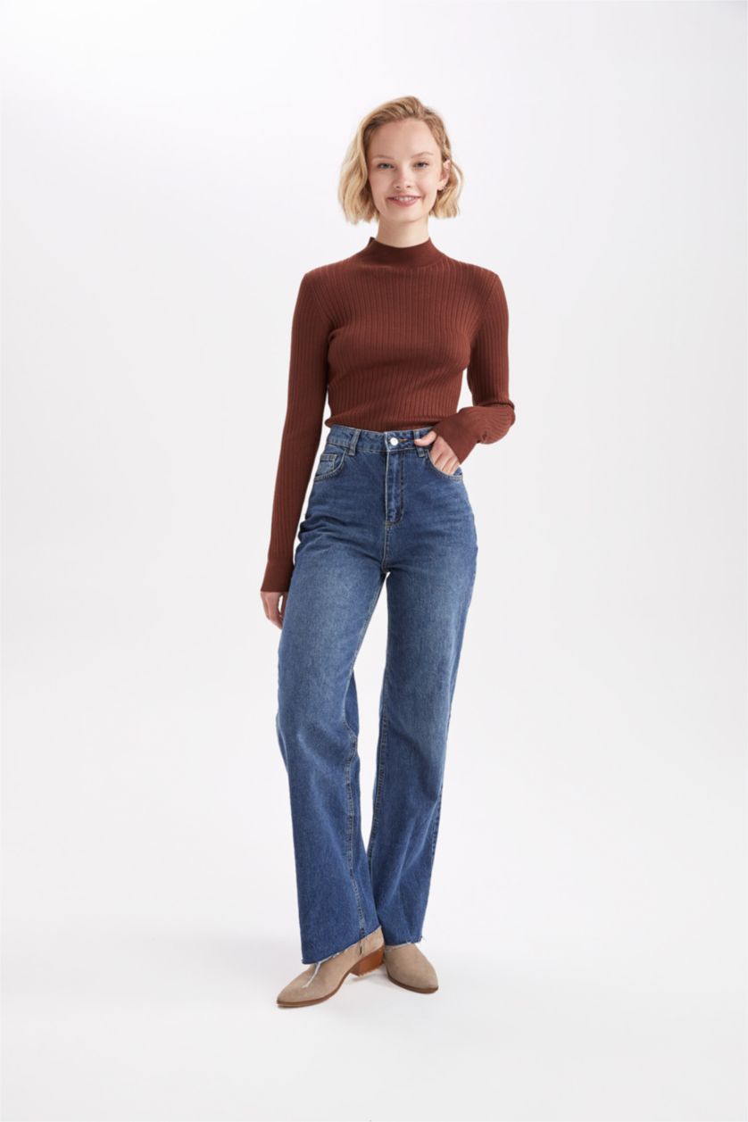 WOMAN Brown Slim Fit Half Turtleneck Pullover
