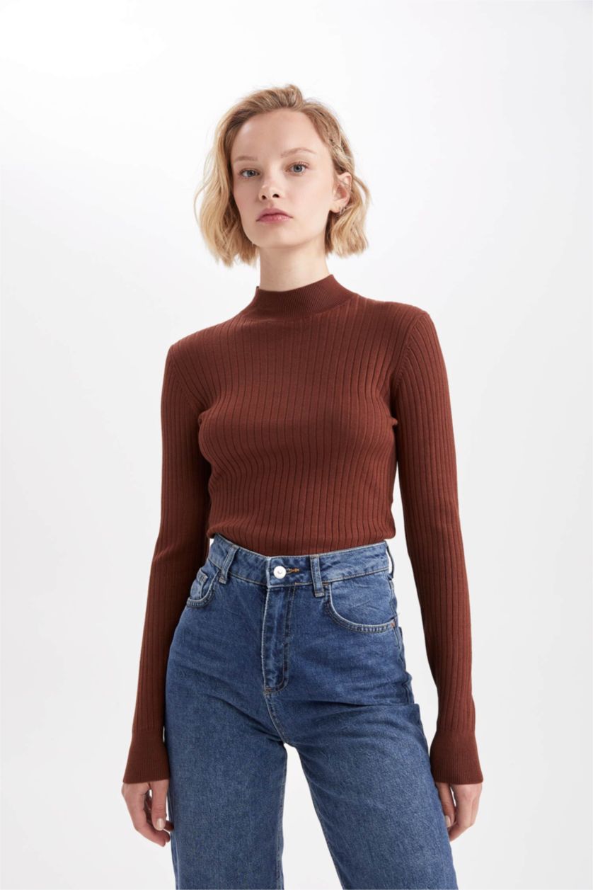 WOMAN Brown Slim Fit Half Turtleneck Pullover