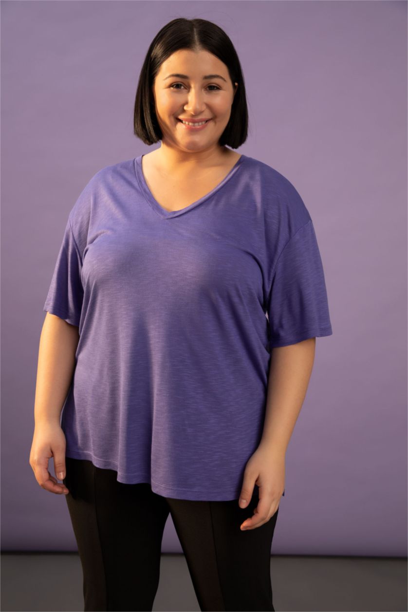 Kadın Mor Relax Fıt Kısa Kollu Tişört