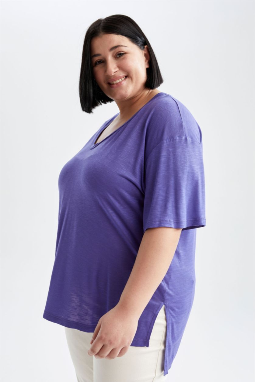 Kadın Mor Relax Fıt Kısa Kollu Tişört