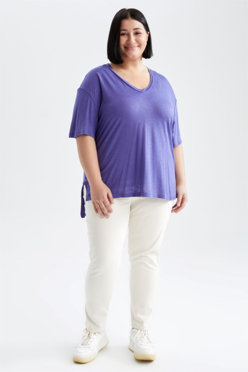Kadın Mor Relax Fıt Kısa Kollu Tişört
