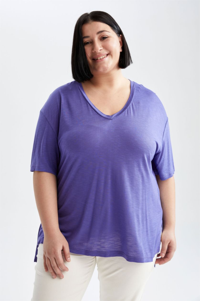 Kadın Mor Relax Fıt Kısa Kollu Tişört