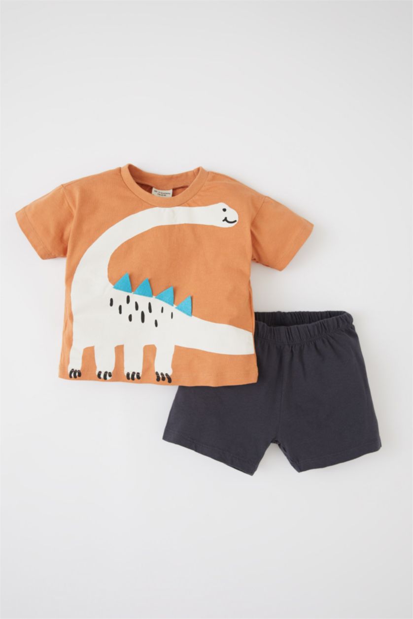 BABY BOY Light Brown Regular Fit Short Sleeve Dinasour Print Lounge Set