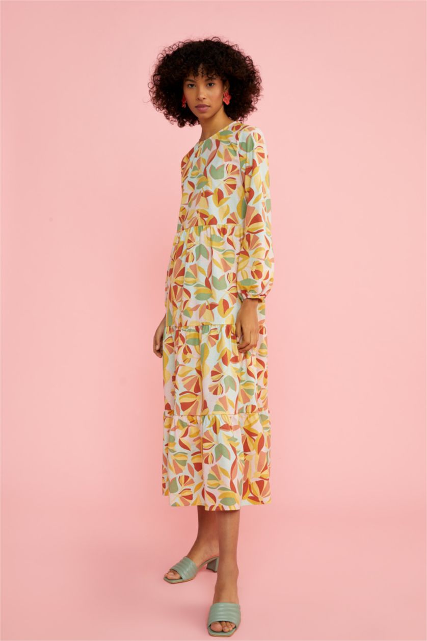 FEMME Turquoise Robe tissée à manches longues en popeline florale à col rond coupe classique