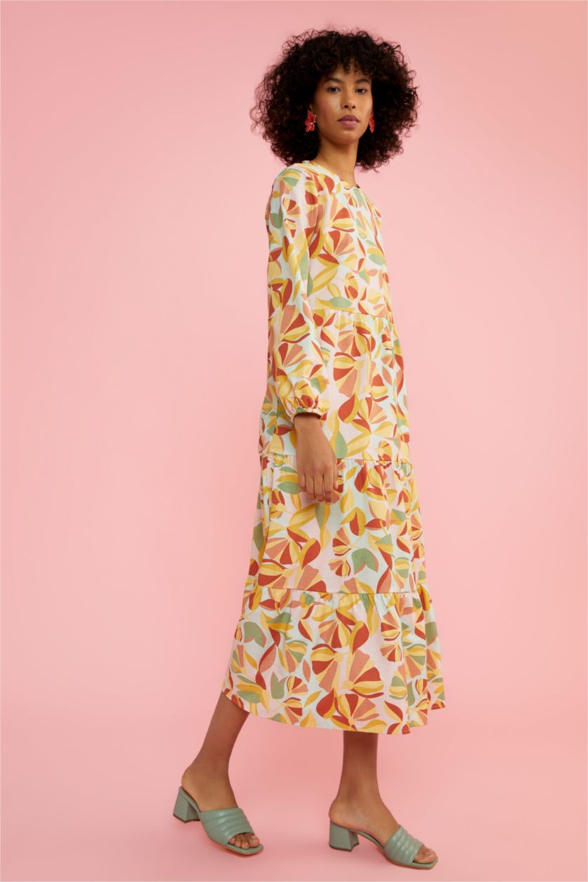 FEMME Turquoise Robe tissée à manches longues en popeline florale à col rond coupe classique